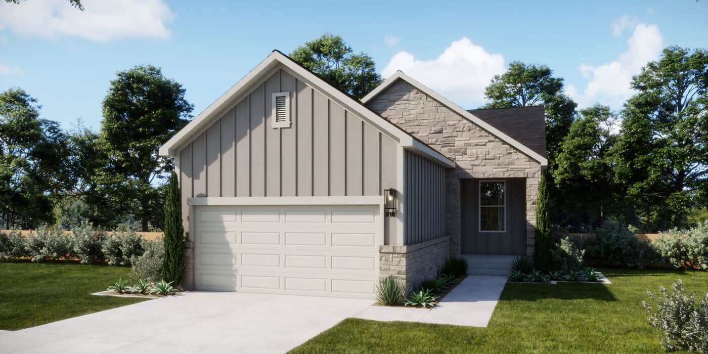 Home exterior with garage and front porch in Fika community.