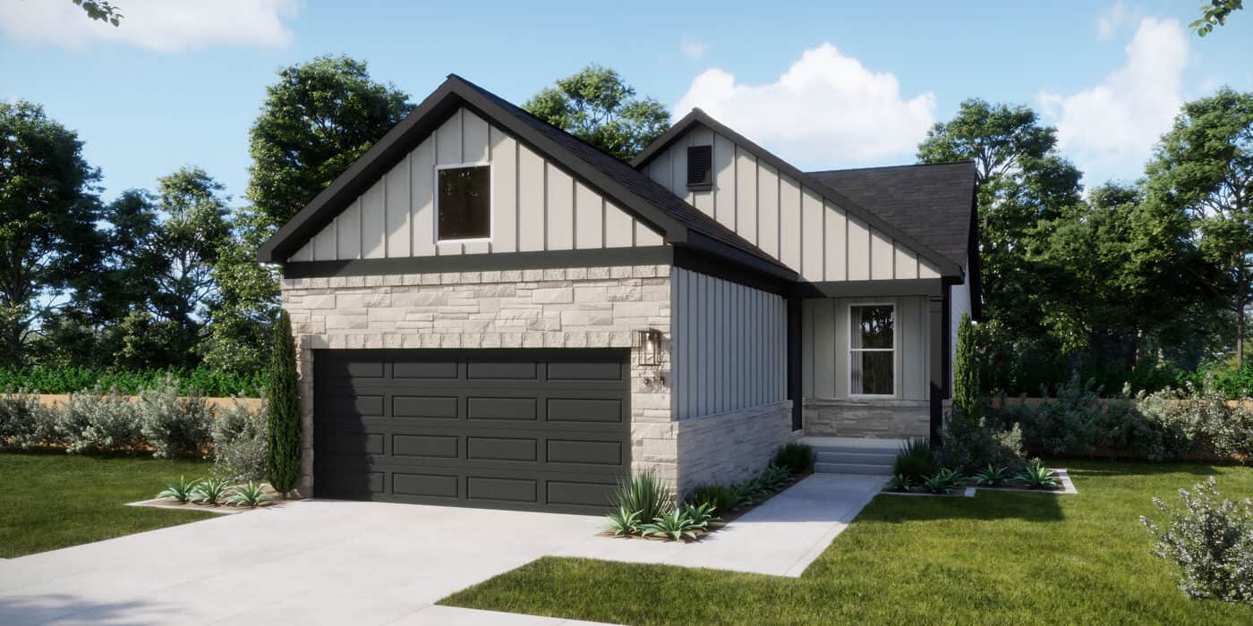 Home exterior with garage and front porch in Fika community.