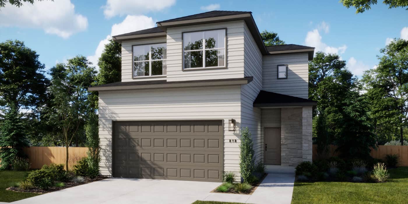 Modern two-story home exterior in Fika community, Elgin TX.