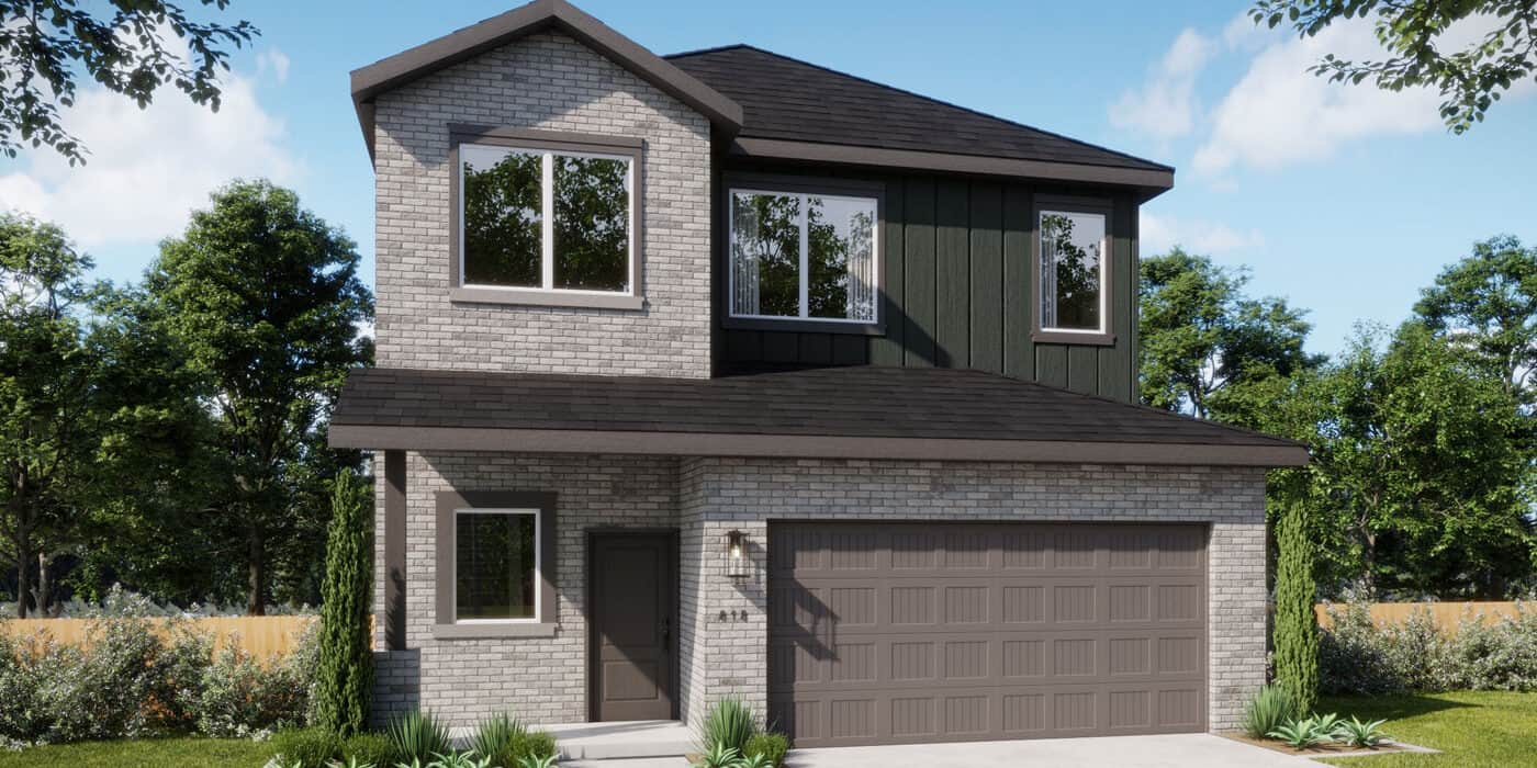 Home exterior with brick and dark siding in Fika community.