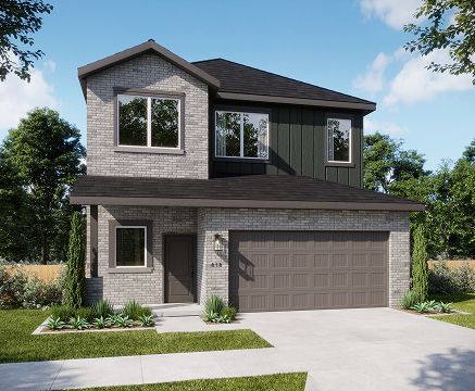 Modern two-story home exterior in Fika community, Elgin TX.