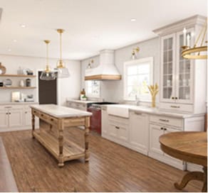 Bright kitchen with white cabinets and wooden island in Fika community.