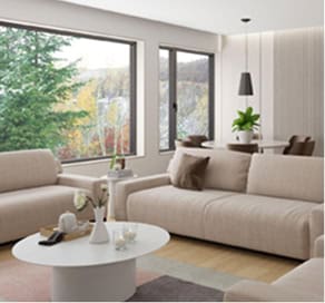 Bright living room with large windows and cozy seating in Fika, Elgin TX.