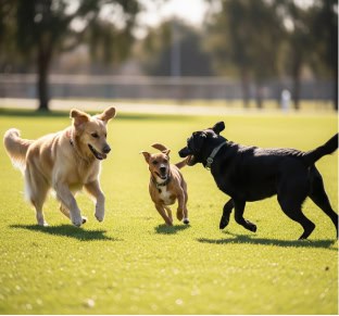 Three dogs playing on the grass at Fika in Elgin, TX.