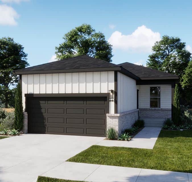 Modern home exterior with garage and front yard in Elgin, TX.
