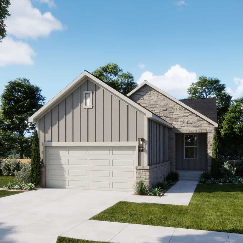 Home exterior with modern design in Fika community, Elgin TX.