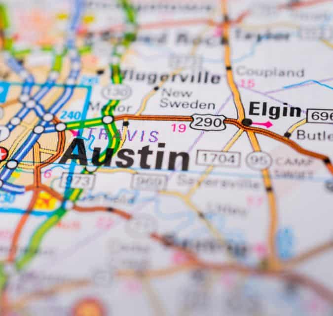 Map showing Elgin and Austin in Texas with roads and highways.