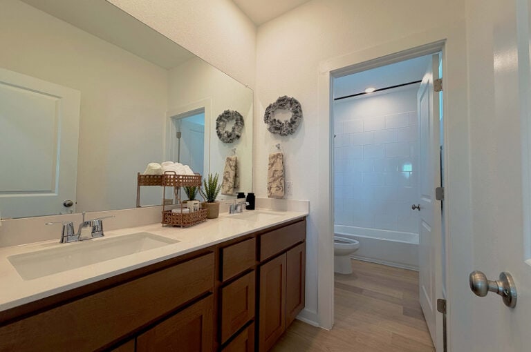 Bathroom vanity and toilet in Fika community in Elgin, TX.