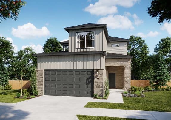 Modern home exterior in Fika community, Elgin TX.