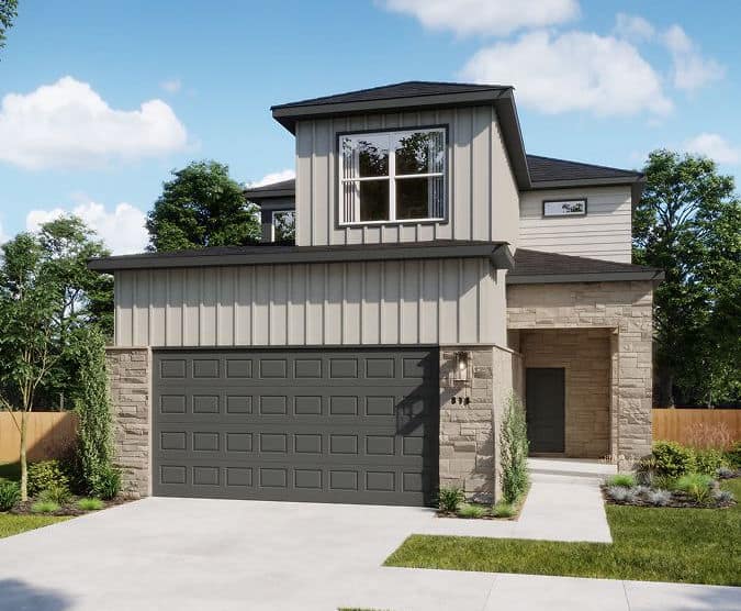 Modern home exterior with garage and front porch in Fika community.