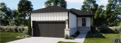 Home exterior with garage and front steps in Fika community.
