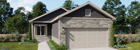 Home exterior at Fika in Elgin, TX with gray siding and a two-car garage.