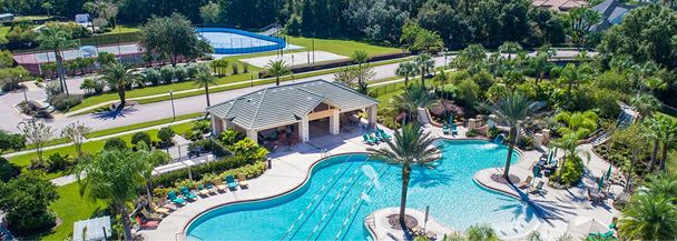 Community pool with palm trees and lounge chairs at Fika in Elgin, TX.